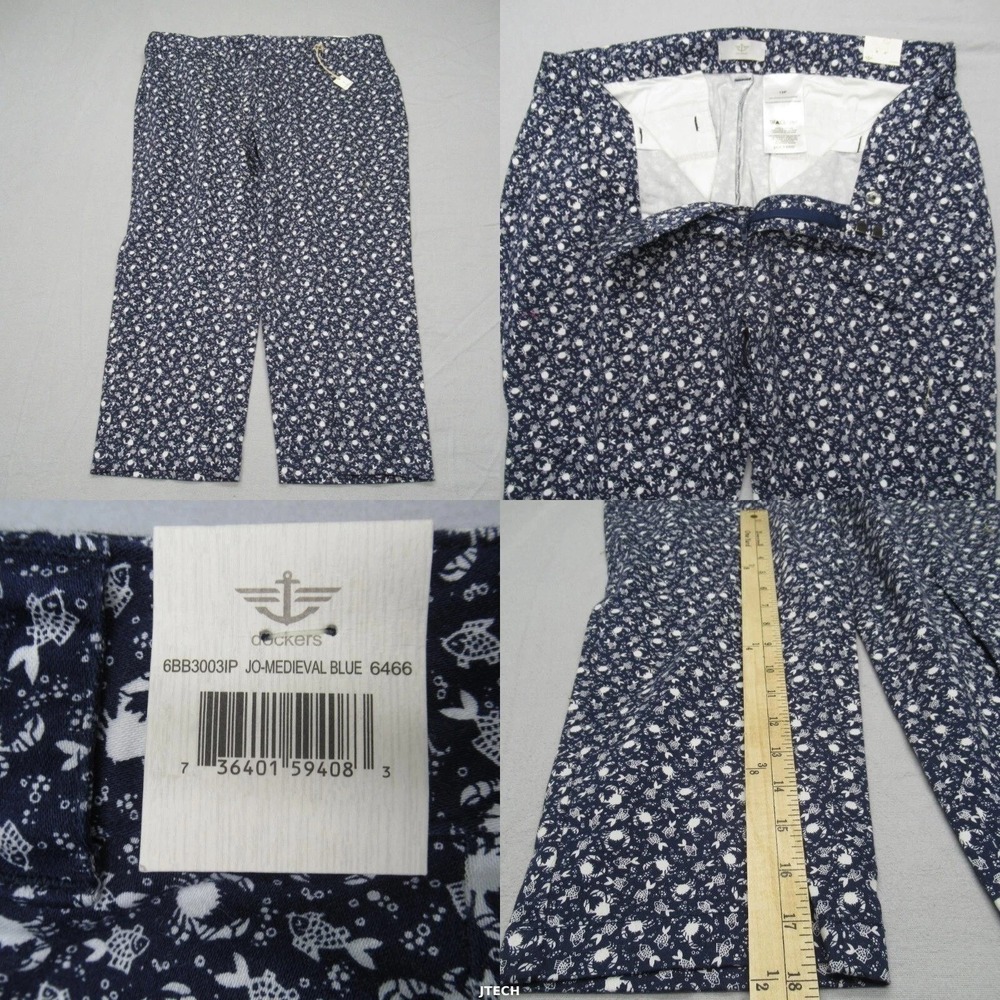 Dockers Capri Pants Women 12P Blue Sea Crab Fish Print Zip Pocket 32x18 NEW